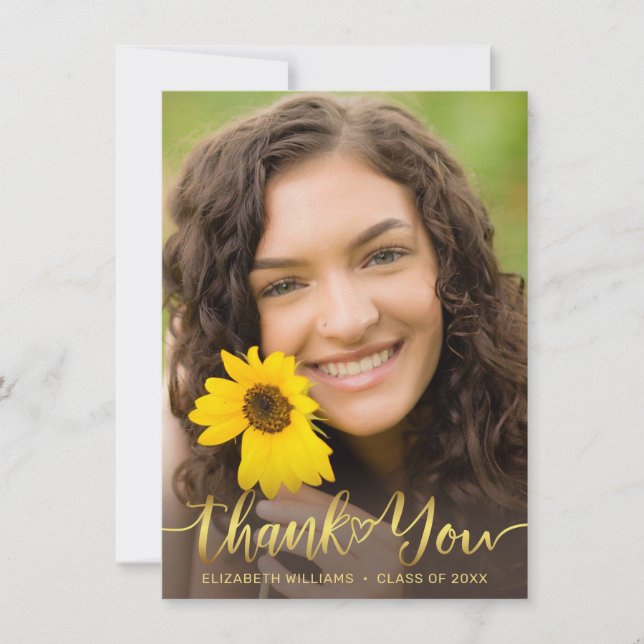 Rustic Sunflower Photo Gold Script Graduation Thank You Card (Front)
