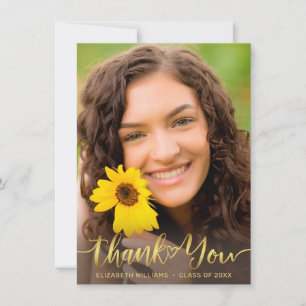 Rustic Sunflower Photo Gold Script Graduation Thank You Card