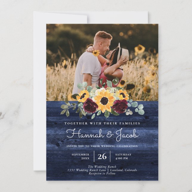 Rustic Sunflower Photo Navy Blue Wood Wedding Invitation (Front)
