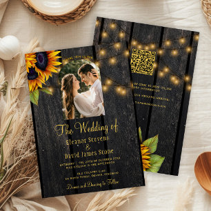 Rustic sunflower photo QR RSVP all in one wedding Invitation