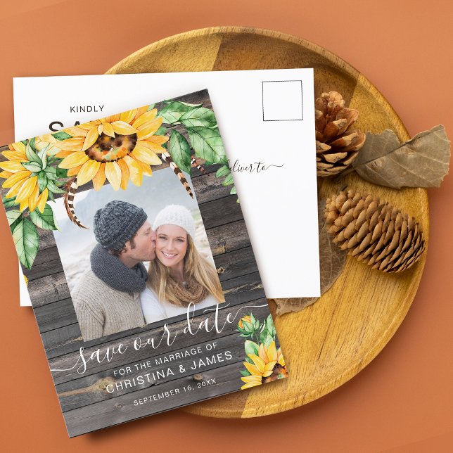 Rustic Sunflower Photo Script Save The Date Announcement Postcard (Rustic Sunflower Photo Script Save The Date Announcement Postcard)