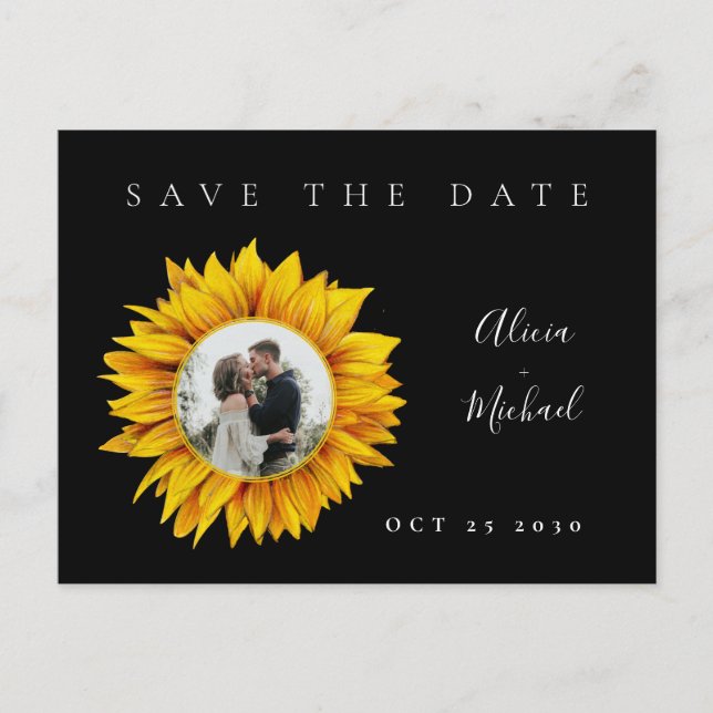Rustic sunflower photo wedding save the date announcement postcard (Front)