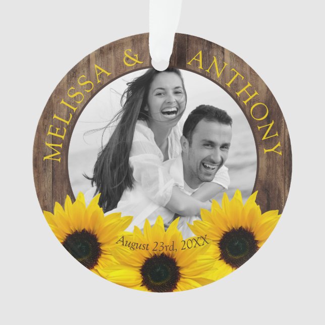 Rustic Sunflower Photo Wedding Save the Date Ornament (Front)