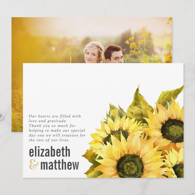 Rustic Sunflower Photo | Wedding Thank You Card (Front/Back)