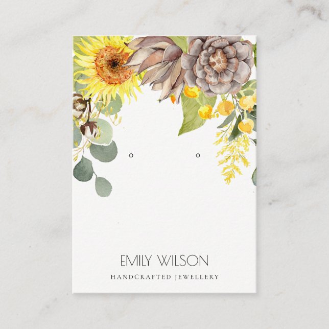 RUSTIC SUNFLOWER PINE FLORAL EARRING DISPLAY LOGO BUSINESS CARD (Front)