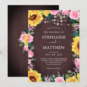 Rustic Sunflower PInk Floral Lights Wedding Invitation