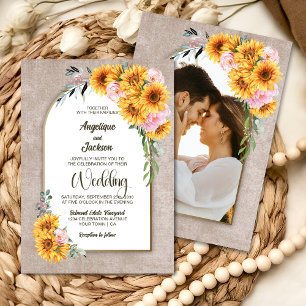Rustic Sunflower Pink Rose Arch Wedding Invitation