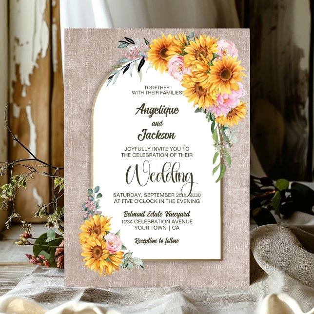Rustic Sunflower Pink Rose Arch Wedding Invitation (Creator Uploaded)