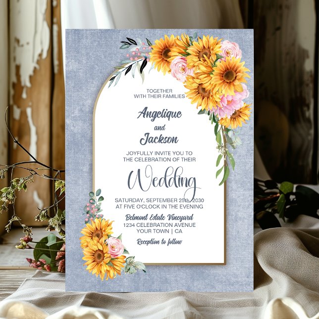 Rustic Sunflower Pink Rose Arch Wedding Invitation (Creator Uploaded)