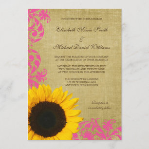 Rustic Sunflower Pink Swirls Wedding Invitation