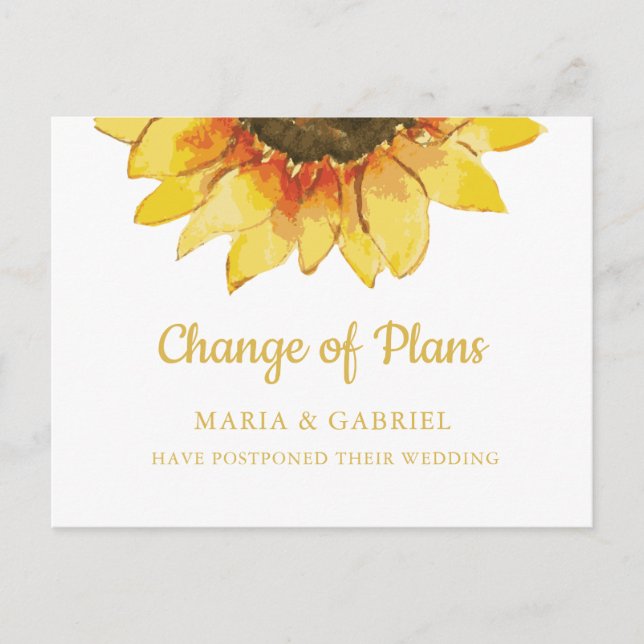 Rustic sunflower. Postpone wedding Change the Date Invitation Postcard (Front)