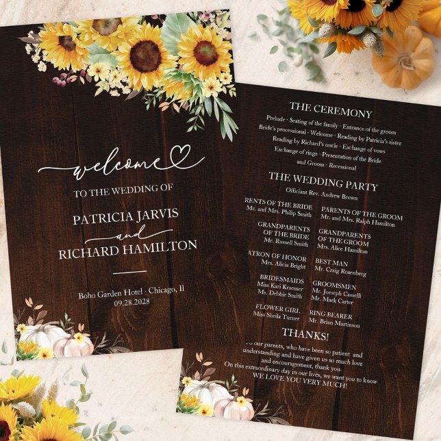 Rustic Sunflower Pumpkin Fall Wedding Program Invitation (Creator Uploaded)