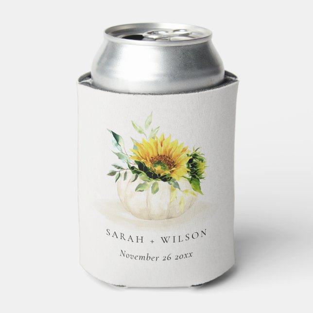 Rustic Sunflower Pumpkin Flora Watercolor Wedding  Can Cooler (Can Front)