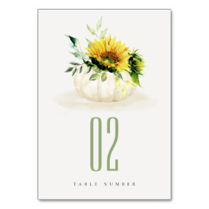 Rustic Sunflower Pumpkin Floral Watercolor Table Number