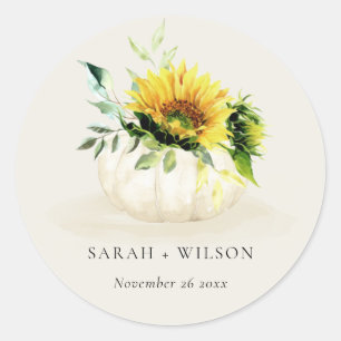 Rustic Sunflower Pumpkin Floral Watercolor Wedding Classic Round Sticker