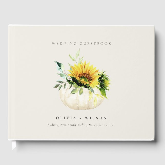 Rustic Sunflower Pumpkin Floral Watercolor Wedding Guest Book (Front)