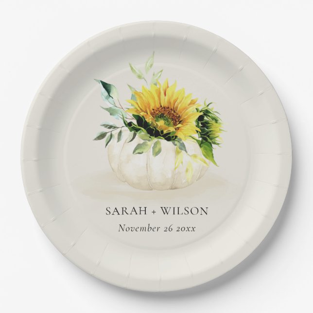 Rustic Sunflower Pumpkin Floral Watercolor Wedding Paper Plate (Front)