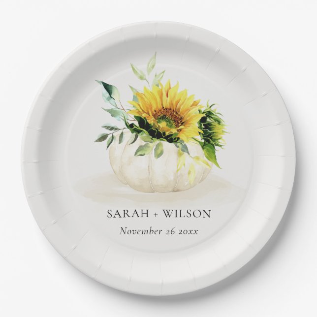 Rustic Sunflower Pumpkin Floral Watercolor Wedding Paper Plate (Front)