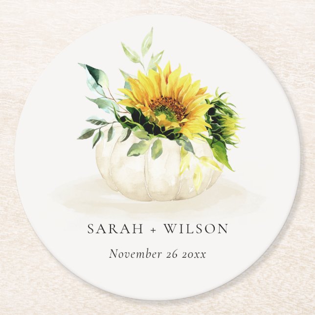 Rustic Sunflower Pumpkin Floral Watercolor Wedding Round Paper Coaster (Front)