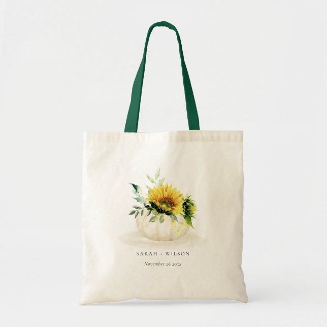 Rustic Sunflower Pumpkin Floral Watercolor Wedding Tote Bag (Front)