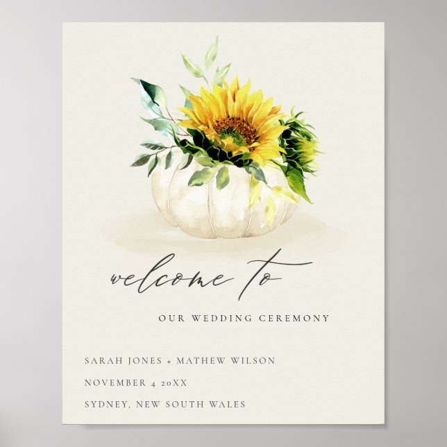 Rustic Sunflower Pumpkin Floral Watercolor Welcome Poster (Front)