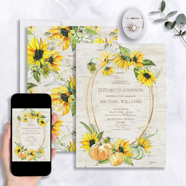 Rustic Sunflower Pumpkin Watercolor Birch Wedding Invitation (Creator Uploaded)