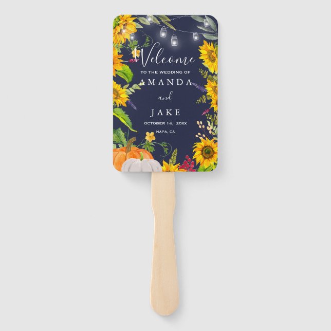 Rustic Sunflower Pumpkins Blue Wedding Welcome Hand Fan (Back)