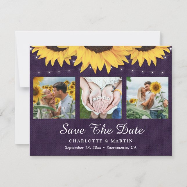 Rustic Sunflower Purple Burlap Wedding Photo Save The Date (Front)