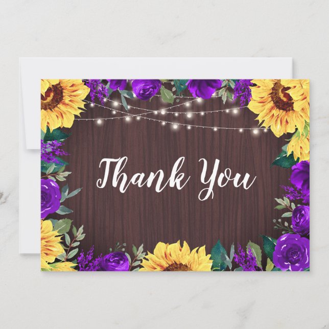 Rustic Sunflower Purple Floral Border Wood Wedding Thank You Card (Front)