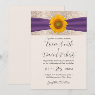 Rustic Sunflower Purple Ribbon Elegant Wedding Invitation