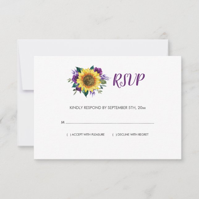 Rustic Sunflower Purple Rose Floral Wedding RSVP Card (Front)