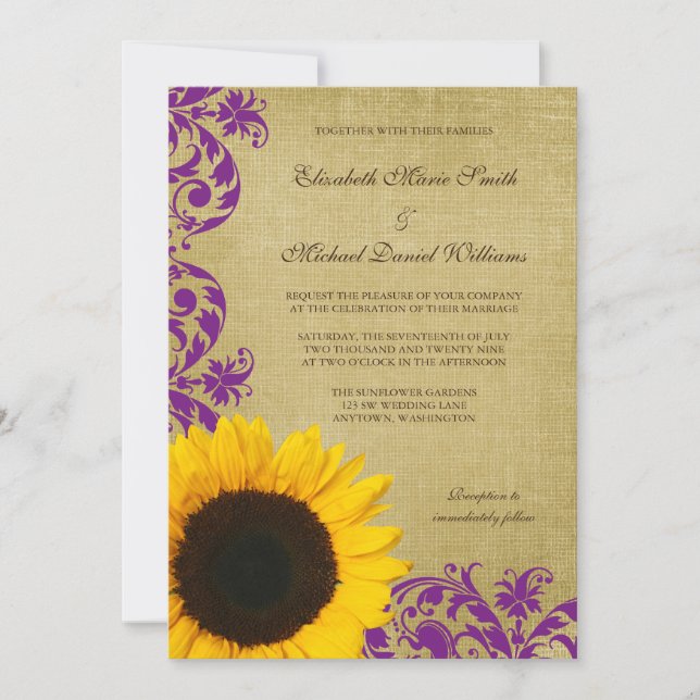 Rustic Sunflower Purple Swirls Wedding Invitation (Front)