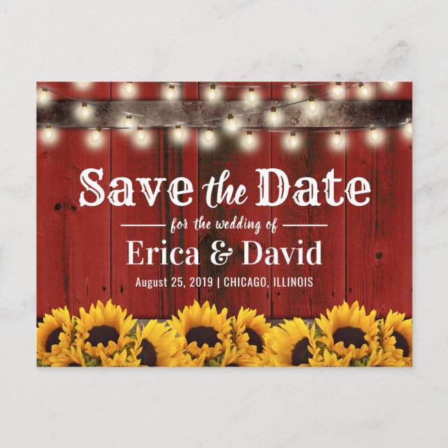 Rustic Sunflower Red Barn Wood Save the Date Announcement Postcard (Front)