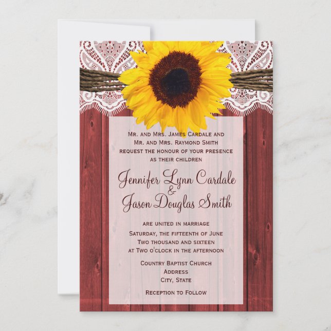 Rustic Sunflower Red Barn Wood Wedding Invites (Front)