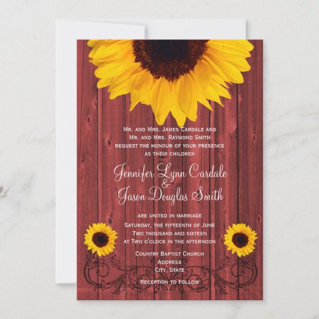Rustic Sunflower Red Barn Wood Wedding Invites (Front)