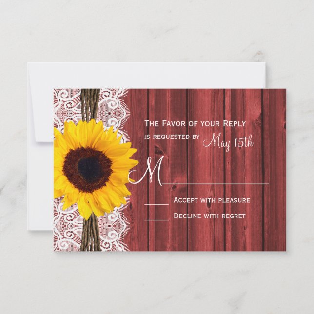 Rustic Sunflower Red Barn Wood Wedding RSVP Cards (Front)