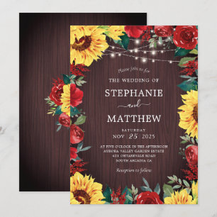 Rustic Sunflower Red Floral Lights Wedding Invitation