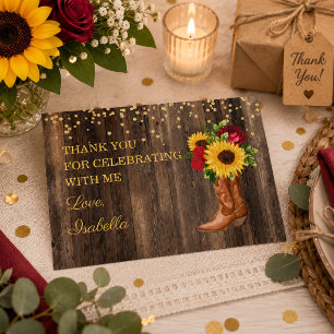 Rustic Sunflower Red Rose Boots Birthday Thank You Card