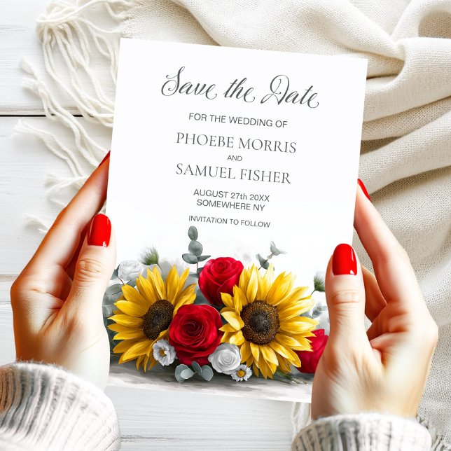 Rustic Sunflower Red Rose Wedding Save the Date (Creator Uploaded)