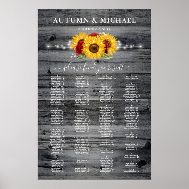Rustic Sunflower Red Rose Wedding Seating Charts (Front)
