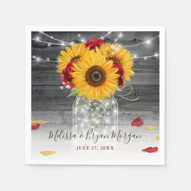 Rustic Sunflower Red Rose Wood Watercolor Wedding Napkin (Front)