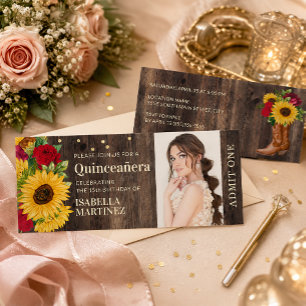 Rustic Sunflower Red Roses Boot Quinceañera Ticket Invitation