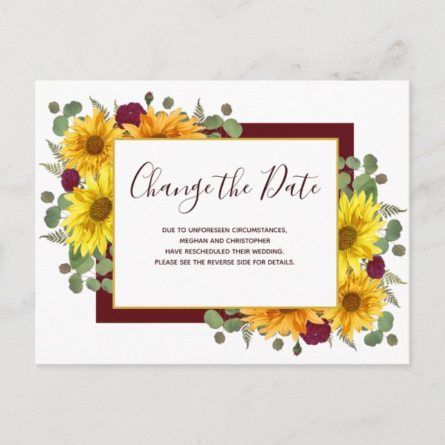 Rustic Sunflower Red Roses Wedding Change the Date Announcement Postcard (Front)