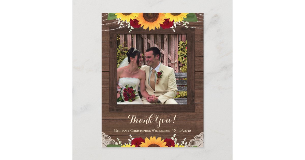 Rustic Sunflower Red Roses Wedding Thank You Photo Postcard | Zazzle