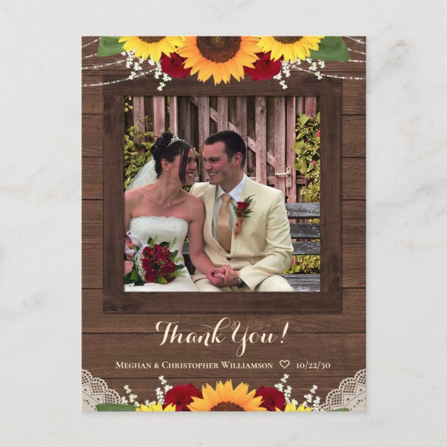 Rustic Sunflower Red Roses Wedding Thank You Photo Postcard (Front)