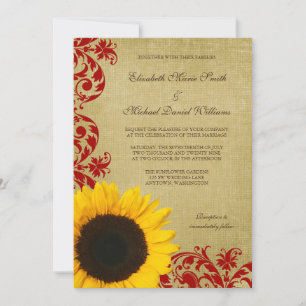 Rustic Sunflower Red Swirls Wedding Invitation