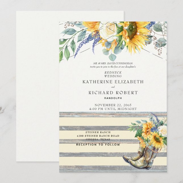 Rustic Sunflower Redneck Wood Boots & Lights Invit Invitation (Front/Back)