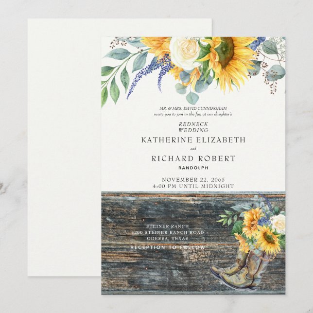 Rustic Sunflower Redneck Wood  Invitation (Front/Back)