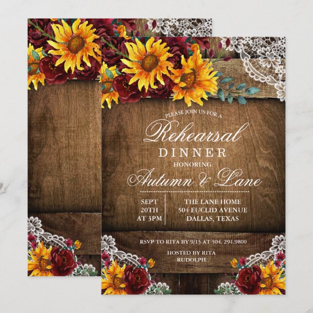 Rustic Sunflower Rehearsal Dinner Invitation (Front/Back)