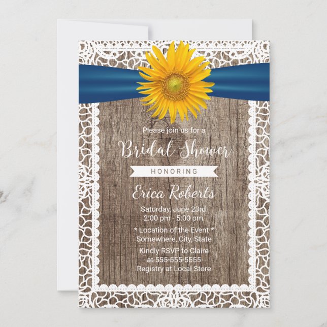 Rustic Sunflower Ribbon Laced Wood Bridal Shower Invitation (Front)